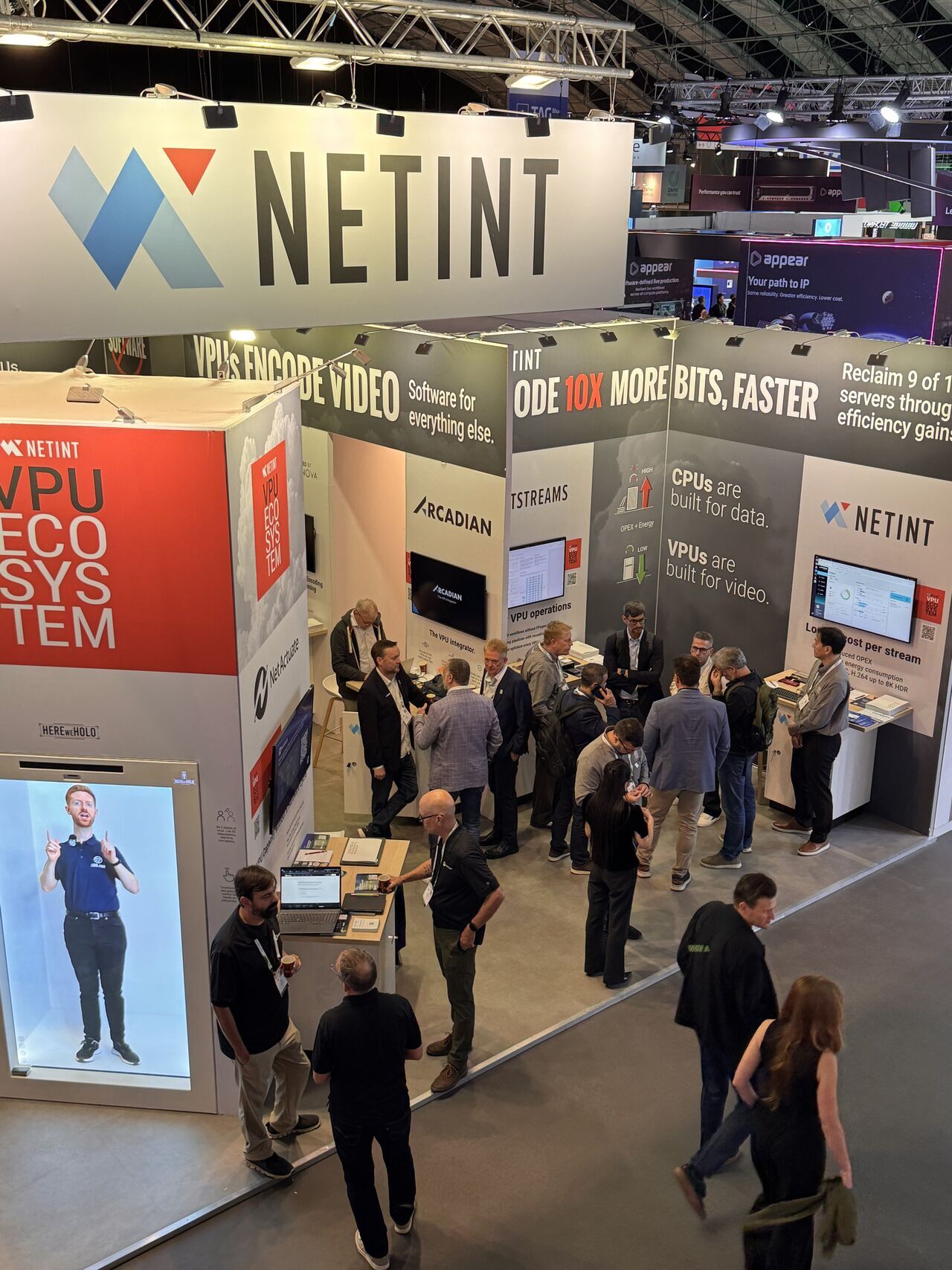 1. An overhead view of the NETINT VPU Ecosystem stand at IBC 2026, with the Arcadian are running live demos.